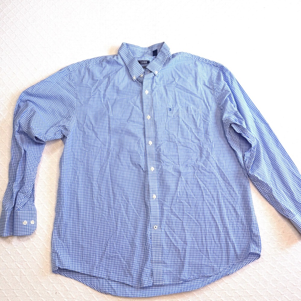 IZOD Mens XL Blue White Gingham Check Button Down Shirt Premium Essentials
